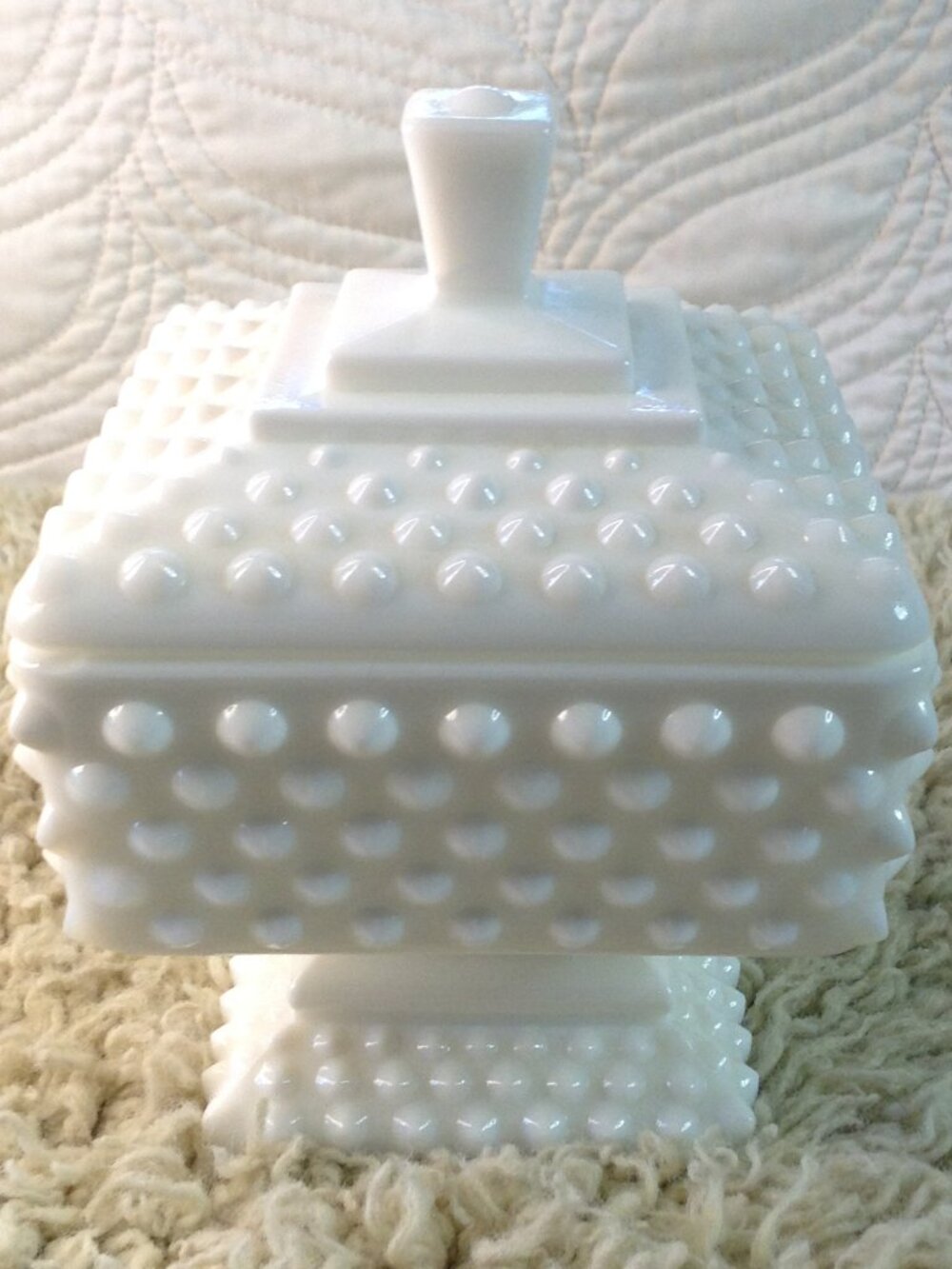 VTG 50-60's Fenton Milk Glass Hobnail Square Pedestal Covered Dish Traditional
